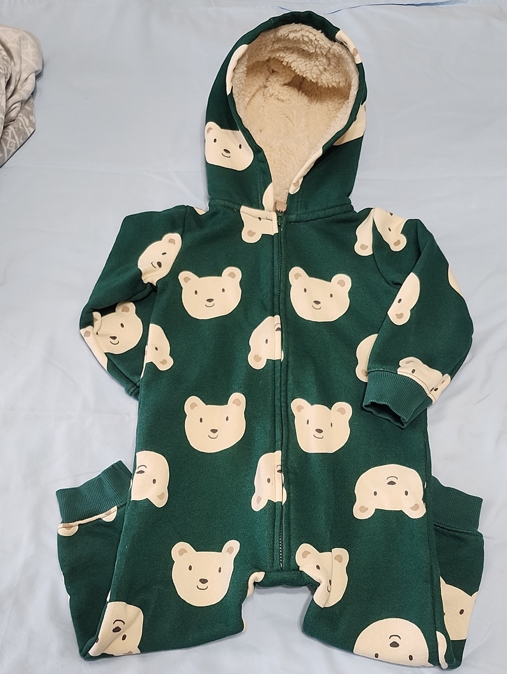 Green Bear Print Hooded Baby Onesie - 24M